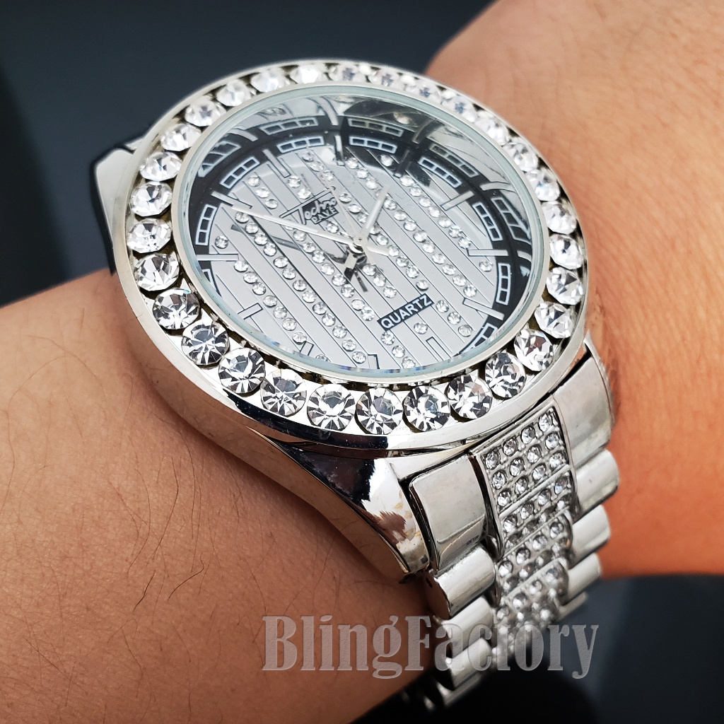 Hip Hop Iced Bling White Gold Pt Metal Watch